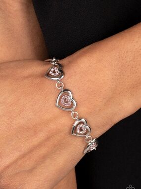 Silver Heart Link Clasp Bracelet with Pink Stones